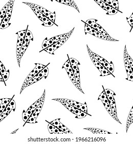 Seamless vector pattern with bird feathers. Feathers with polka dots on a white background. Vintage background for textile and design. Hand drawn feather silhouettes