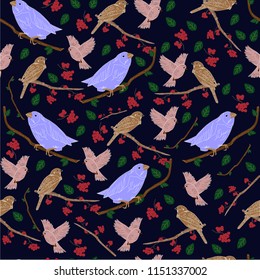 Seamless vector pattern: bird, leaf and flower, isolated on background. Hand drawn vector illustration, separated editable elements.