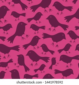 Seamless vector pattern with bird silhouettes on purple background. Cute animal wallpaper design. Sparrow fashion textile.