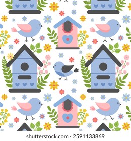 Seamless vector pattern with Birdhouse and cute birds. Birds nesting boxes with floral elements. Spring background for nursery, posters, greeting card, packaging, wrapping, paper