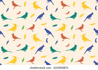Seamless vector pattern of birds. Background with birds and feathers beautiful soft background of many types of birds