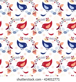 Seamless vector pattern with birds and berries on white background.
