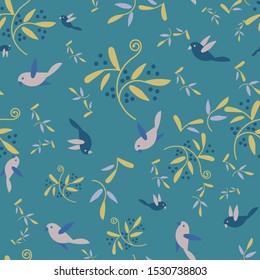 A seamless vector pattern with birds, branches and berries on a blue background. Beautiful feminine surface print design. Great for textiles and stationery