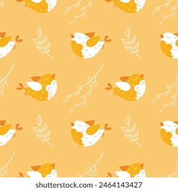 Seamless vector pattern with birds and branches traditional symbols of spring. Cute hand drawn Easter theme background for wrapping paper, packaging, gift, fabric, wallpaper, textile, apparel.