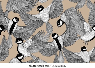 Patrón vectorial sin foco con aves en estilo de grabado. Ratón de título lineal gráfico