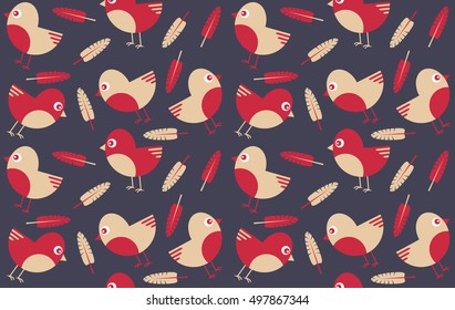 Seamless vector pattern with birds and feathers. Cute print for baby textiles, wallpaper, wrapping paper. 