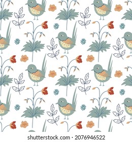 Seamless vector pattern with birds, flowers and butterflies on isolated background.Decorative,festive,repeating,bright print in flecked style.Design for textiles,wrapping paper,packaging,fabric.