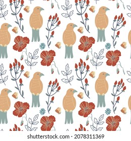 Patrón vectorial sin fisuras con aves, flores y mariposas en un fondo aislado.Decorativo,festivo,repetido,brillante impreso en estilo fleckeado.Diseño para textiles, papel envolvente, embalaje,tela.