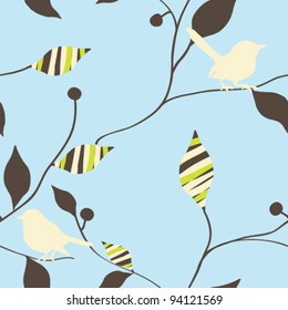 Seamless vector pattern with birds and foliage