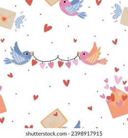 
Seamless vector pattern with birds, letters and hearts. Suitable for wrapping paper, fabric, Valentine's Day cards and more.