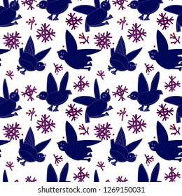 seamless vector pattern with birds on white snow, falling snowflakes and red rowan berries on white snow, birds eating berries
