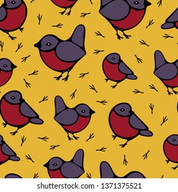 Seamless vector pattern with birds on yellow background. Tit animal wallpaper design with mustard colour. 