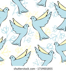 Seamless vector pattern with birds on floral background.