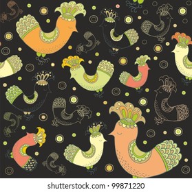 Seamless vector pattern with birds on dark night background