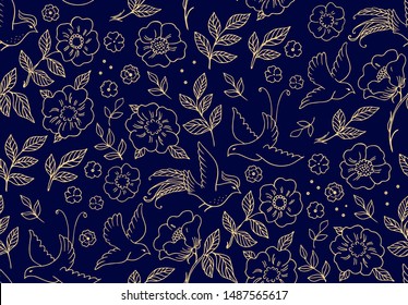 Seamless vector pattern with birds, pigeons and roses