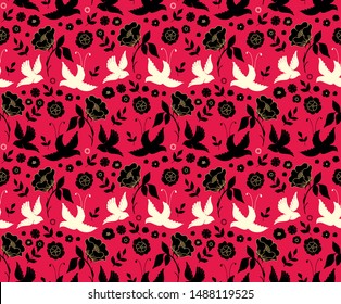 Seamless vector pattern with birds, pigeons and roses