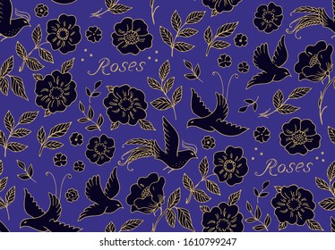 Seamless vector pattern with birds, pigeons and roses