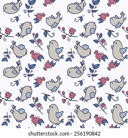 Seamless vector pattern with birds and spring flowers of apple on a white background