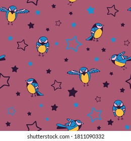 Nahtlose Vektormuster mit Vögeln und Sternen auf violettem Hintergrund. Cute Sparrow Tapete Design für Kinder. Textilien aus Tiermode.
