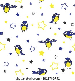 Seamless vector pattern with birds and stars on white background. Simple tomtit wallpaper design for children. Cartoon sparrow fashion textile.