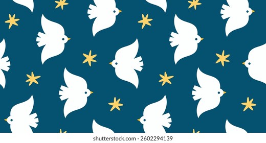 Seamless vector pattern with birds and stars in simple naive style