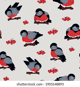 Seamless vector pattern of birds. Tits with red bellies and rowan berries. The concept of conservation and frugality of nature. For paper, cover, fabric, gift wrap, wallpaper, home decor