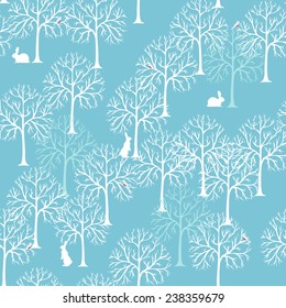 Seamless vector pattern with birds, trees and hares on the blue background. White contour elements in the snowy forest.