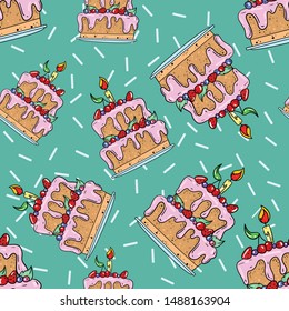 Seamless vector pattern with birthday cake on green background. Wallpaper, fabric and textile design. Cute wrapping paper pattern with delicious dessert. Good for printing.
