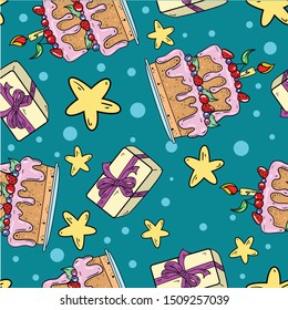 Seamless vector pattern with birthday cake and gift box on blue background. Wallpaper, fabric and textile design. Cute wrapping paper pattern with sweets. Good for printing.