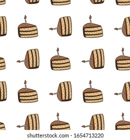 Seamless vector Pattern with birthday cake & burning candle. Endless print with yummy chocolate cupcake. Flat illustration in hand drawn style on white backdrop. colorful Packaging for sweet food 