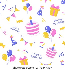 Seamless vector pattern for a birthday. Image of a cake, balloons, birthday caps, candies, gifts, confetti on a white background