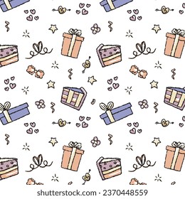 Seamless vector pattern for birthdays, anniversaries, invitations and textiles. Cake, badge, serpentine, stars, bow. Line felt hand drawn, seamless vector pattern