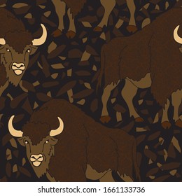 Seamless vector pattern with bison's on dark brown rocky ground. Animal wallpaper design with buffaloes. 