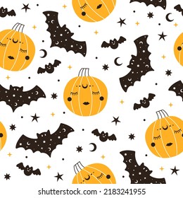 Seamless vector pattern with black bat and orange pumpkin. Halloween background with magic elements. Spooky doodle texture for design and print