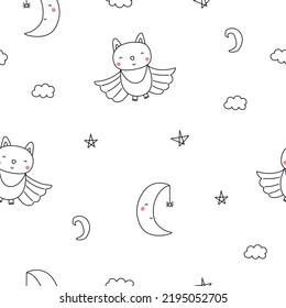 Seamless vector pattern with black bats on a white background with moons in doodle style. Halloween background. Cartoon mysterious illustration. Dark night