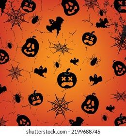 Seamless vector pattern with black bats, pumpkins, spiders, cobwebs, little ghosts. Halloween illustration. scary vampire bat shadow background