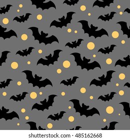 Seamless vector pattern with black bats on a grey background with yellow moons. Halloween background. Cartoon mystery illustration. Dark night pattern