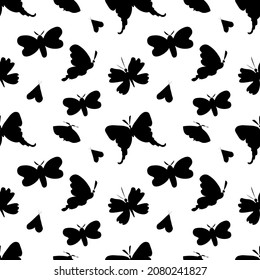 Seamless vector pattern with black butterflies on transparent isolated background.Decorative,festive,repeating,bright hand drawn style print.Design for textiles,wrapping paper,packaging,fabric.