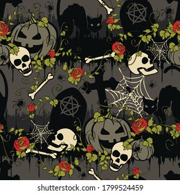 Seamless vector pattern with black cat and pumpkin in graveyard on grey background. Gothic Halloween wallpaper design with red roses. Scary holiday fashion textile.