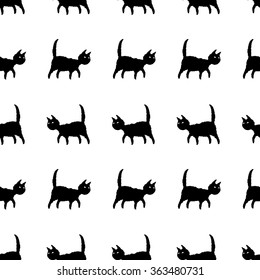 Seamless vector pattern with black cat. Black on white. Hand drawn. Dry brush illustration. Ink doodle. EPS 10