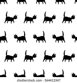Seamless vector pattern with black cat. Hand drawn. Dry brush illustration. Ink doodle.