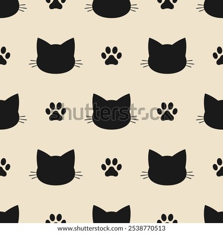 Seamless vector pattern of black cat head and paw print silhouettes on a beige background.