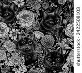 Seamless vector pattern of black cats in a garden of flowers in engraving style