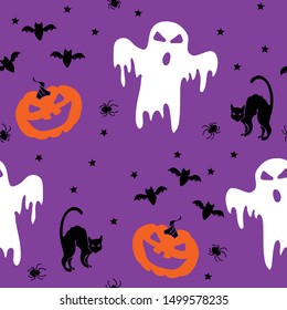 Seamless vector pattern with black cats and pumpkin on purple background. Halloween wallpaper design with spiders and stars. Scary holiday fashion textile.