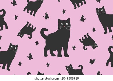 Seamless vector pattern with black cats on a pink background. Endless image. Illustration for printing on packaging, textiles, paper and decorations.