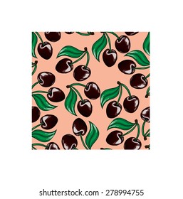 Seamless vector pattern. black cherries with green leaves randomly placed on a pink background.