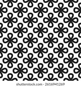 Seamless vector pattern with black clover like flower shapes in outline and linear style on a light background. Modern geometric design, ideal for stylish wallpapers, backgrounds, and prints
