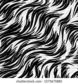Seamless vector pattern in black color from abstract waves and splashes. Water texture. Black strokes of paint on a white background.
