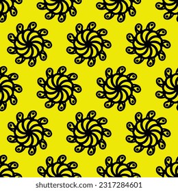 Seamless vector pattern, black color line of round shape with twisted form on yellow background.
