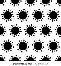 Seamless vector pattern of black COVID-19 coronavirus minimalist symbol on white background.